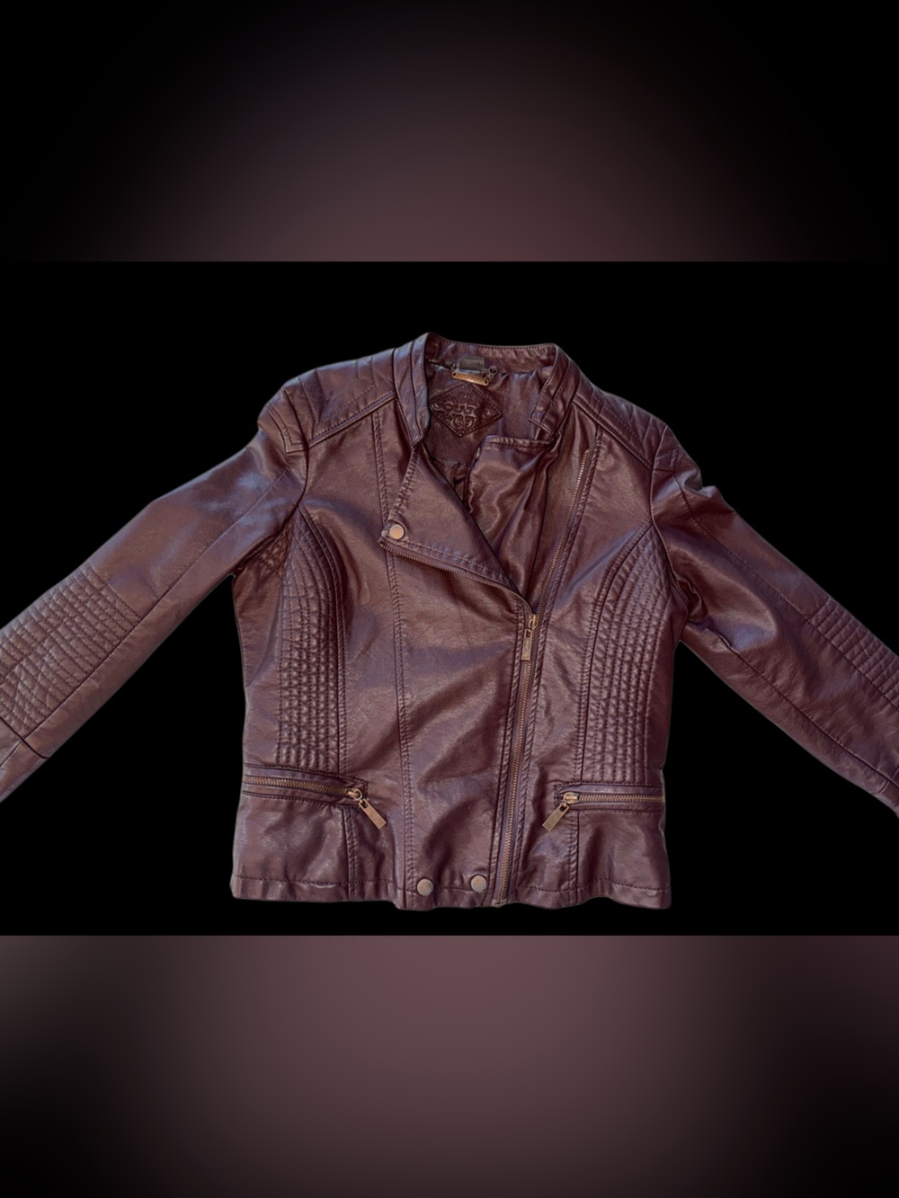 Jou Jou Burgundy Faux Leather Moto Jacket Quilted Biker Zip Detail
